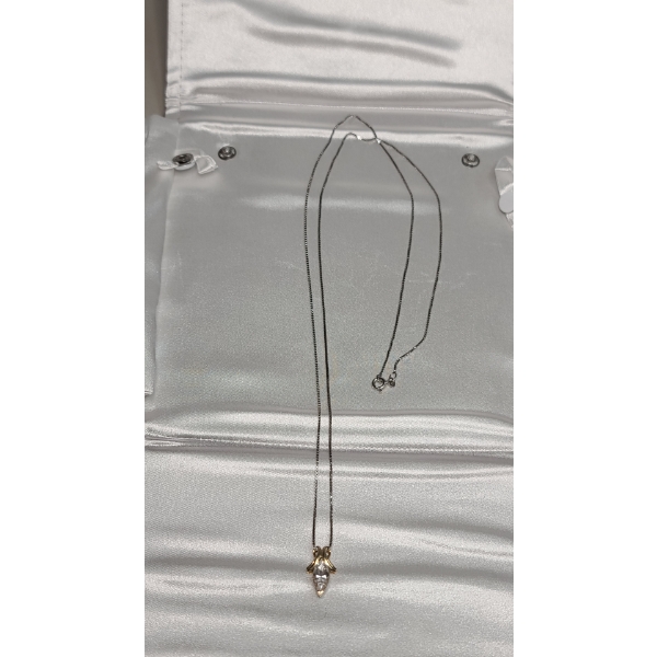 14K Gold Necklace Pendant With Clear Stone & Silver Toned Chain - See Description 