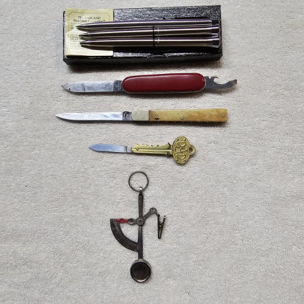 Collection of Vintage Writing Instruments, Pocket Knives, a Key Knife and a Classic Mechanical Scale
