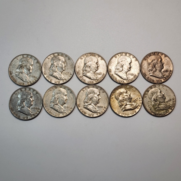 10 Assorted Years United States 90% Silver Franklin Half Dollars - FV: $5.00