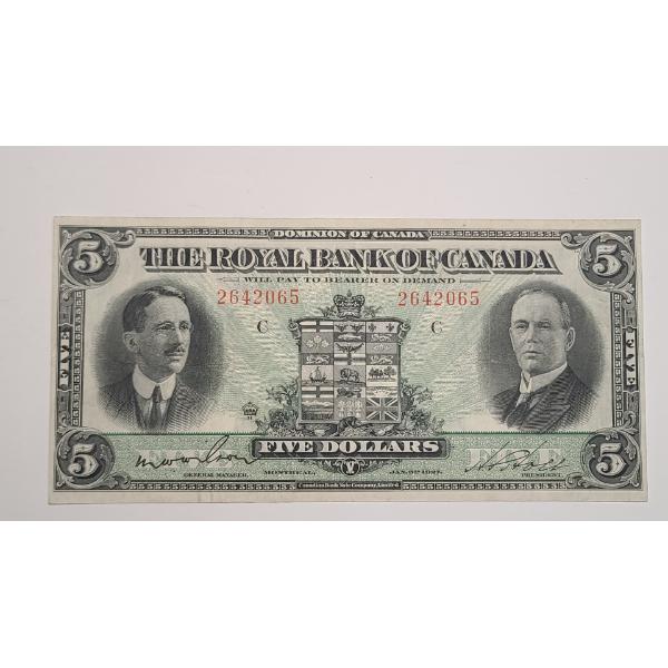 CANADIAN CURRENCY - 1927 Large $5 Banknote Issued By The Royal Bank Of Canada
