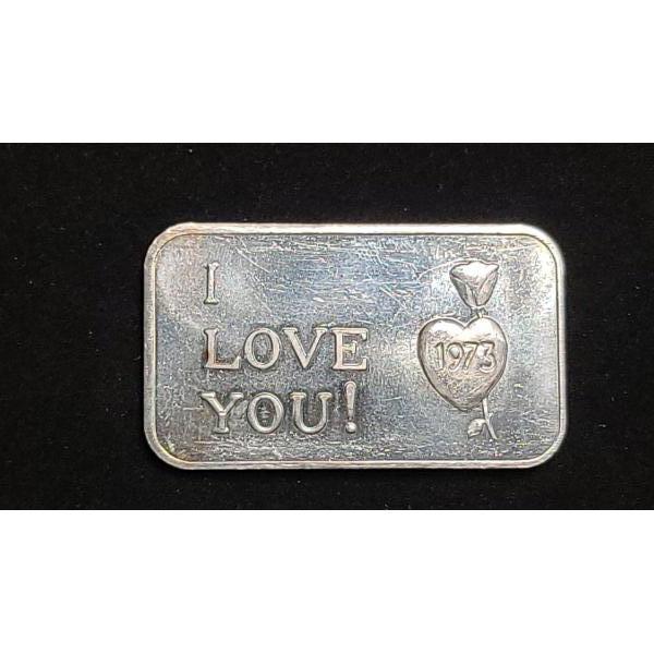 Vintage 1973 "I Love You" 1 Troy Ounce .999 Fine Silver Art Bar From The Crabtree Mint