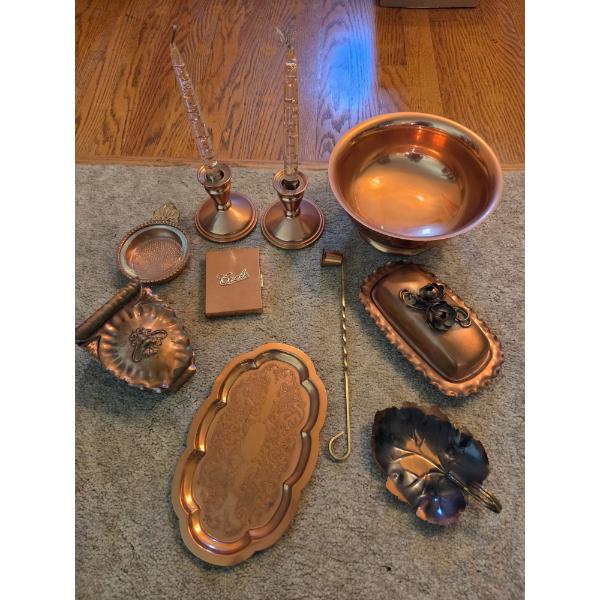 PICKUP IN CANTON - Copper Collection Including Butter Dish, Bowl, Ashtray, Candle Sticks & More 