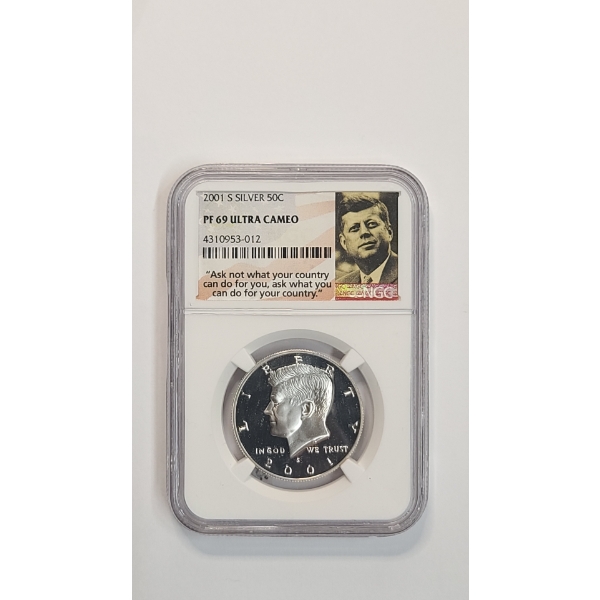 NGC 2001-S PF 69 ULTRA CAMEO 90% Silver Kennedy Half Dollar With Special Inaugural Quote