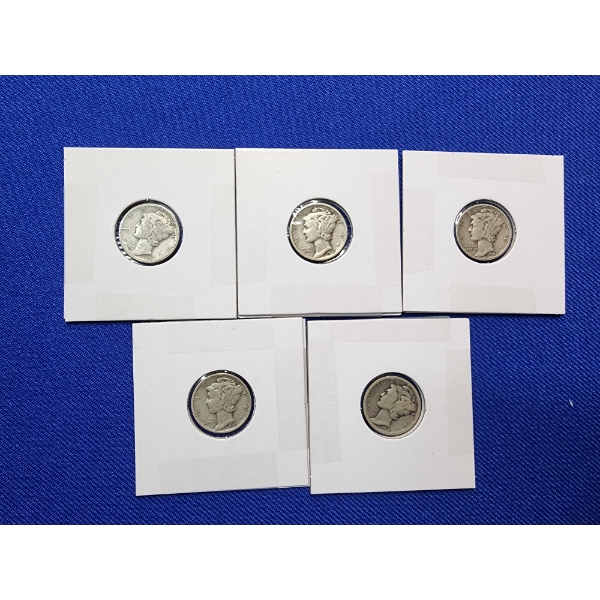 5 Silver Mercury Dimes Assorted Years FV: $0.50