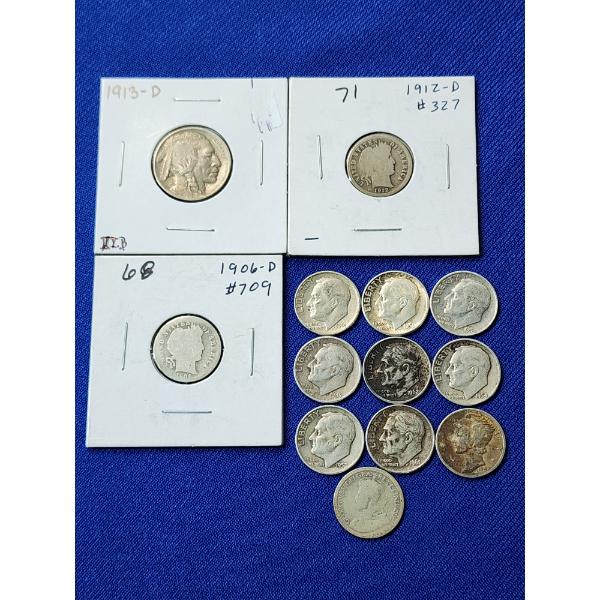 1913-D Buffalo Nickel, x11 Assorted Years Silver Dimes, x1 Canadian Silver Dime FV: $1.25