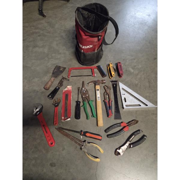 Nice Small Husky Tote With Great Selection Of Tools Including Hammer, Wrenches, Saw & More!
