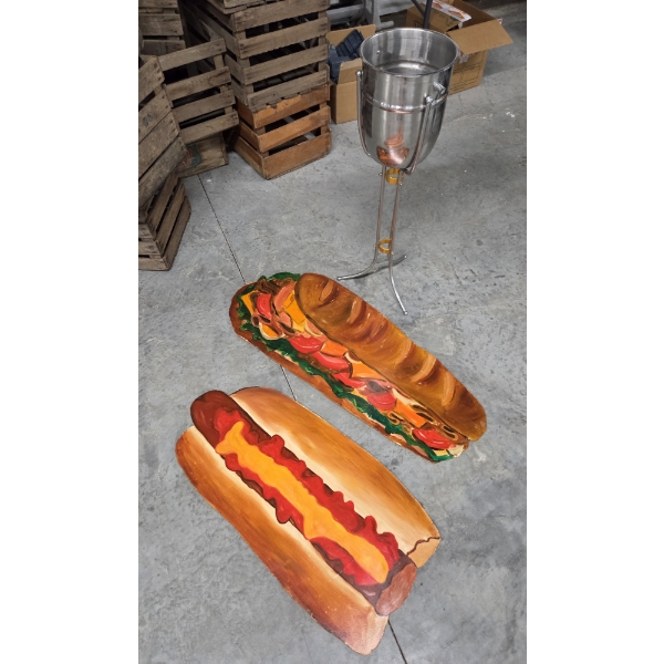 Silver Tone Wine Cooler Stand & Large Hand Painted Hot Dog Wall Hangings 