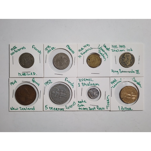 Lot of 8 Assorted World Coins & Tokens Dating Back to 1930's From Various Countries