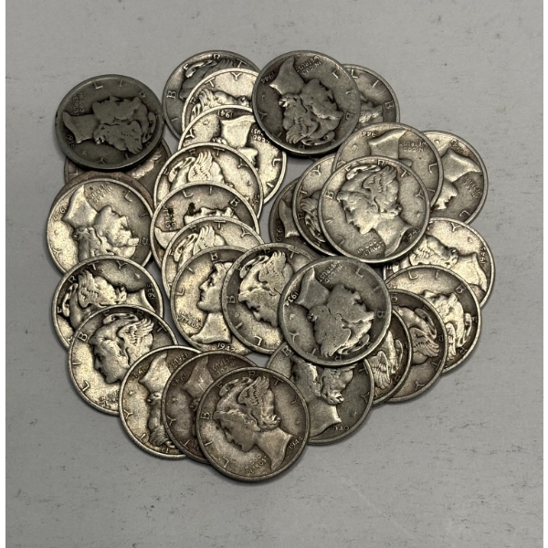Lot of 30 90% Silver Assorted Year Mercury Dimes, FV $3.00