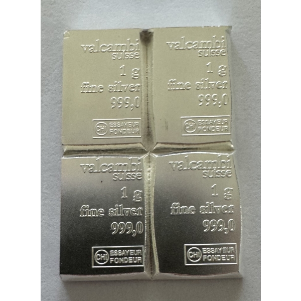 Four Valcambi Suisse .999 Fine Silver Bars Weighing 1 Gram Each ~ 4 TOTAL GRAMS .999 FINE SILVER	