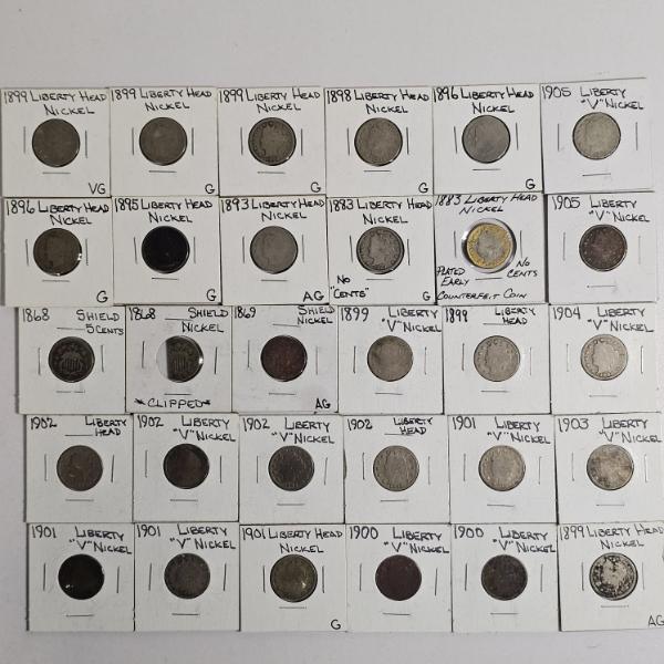 IMPRESSIVE!!! Collection of 30 Liberty Head  V  Nickels and Shield Nickels FV: $1.50