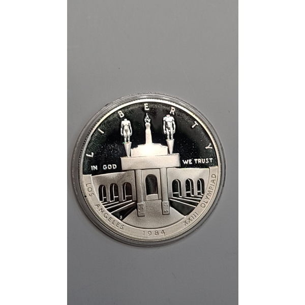 1984-S Los Angeles XXIII Olympiad Coliseum Commemorative 90% Silver Proof Dollar In Coin Capsule