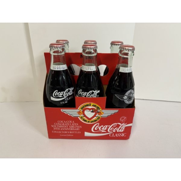 (6) 8 oz. Coca- Cola Bottles - 8 Inch Bottles - Southwest Airlines 20 Years 