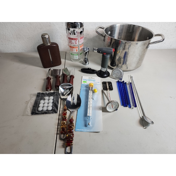 Lot of Assorted Kitchen/Drink Items: Pot, Thermometer, Shaker, Flask, Utensils, Glass Stirrers 