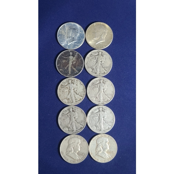 (10) Assorted Silver Half Dollars Including Walking Liberty, Franklin & Kennedy Half Dollars - FV $5