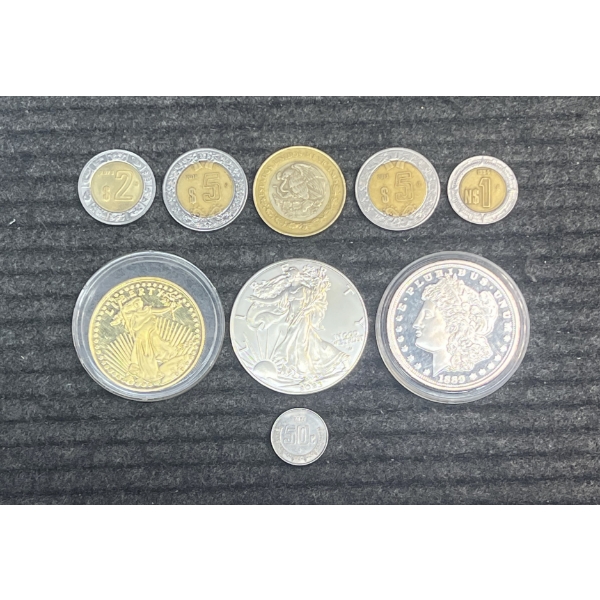 Lot of 2023 .999 Silver Eagle, Mexican Coins, and Copies of Morgan Dollar and $20 US Gold Liberty