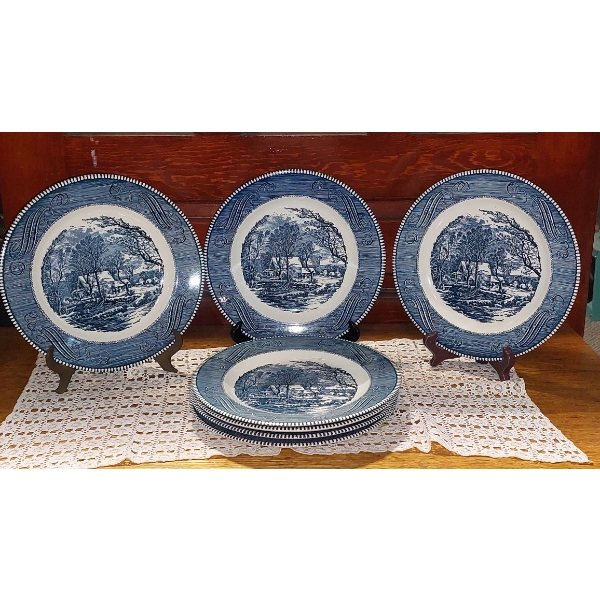 Vintage 7 Pc Royal Ironstone "Currier & Ives" Transferware Dishes - See Pics