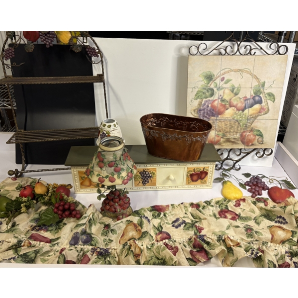 Lots of Kitchen Fruit Decor - Valance - Wall Hanging Basket of Fruit - Metal Fruit Shelf - Tin