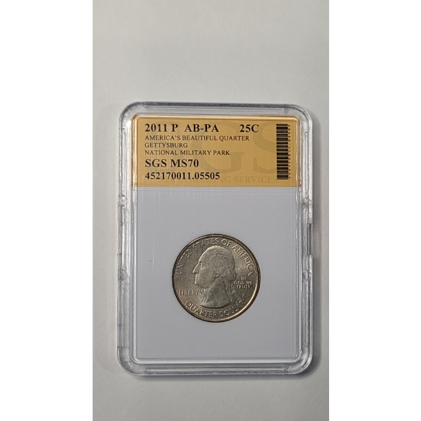 SGS 2011-P MS70 AB-PA America's Beautiful Gettysburg, Pa National Military Park Quarter 