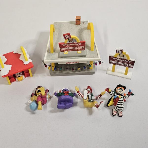 Vintage Original McDonald's Restaurant Building With Sign Post, Dog House, And Character Figurines