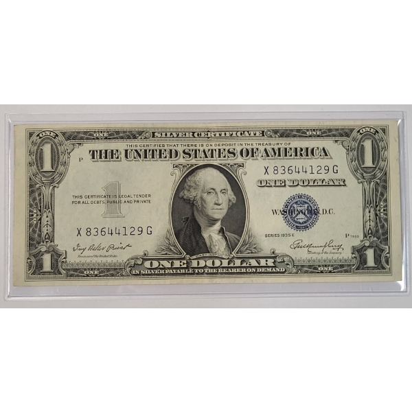Crisp U.S 1935 E $1 Silver Certificate With Priest And Humphrey Signatures In Protective Sleeve