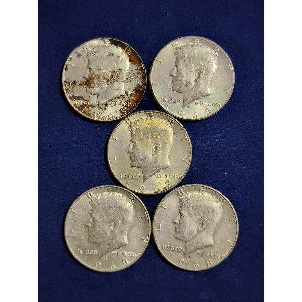 Five Assorted 40% Silver U.S. Kennedy Half Dollars ~ Face Value: $2.50