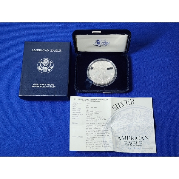 2001-W American Silver Eagle Proof 1 oz .999 Fine Silver w/ Box & COA 