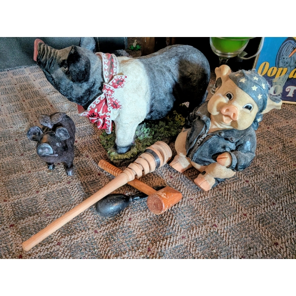 Large Resin Pig Bank & Statue, Smaller Pig And Wooden Toys