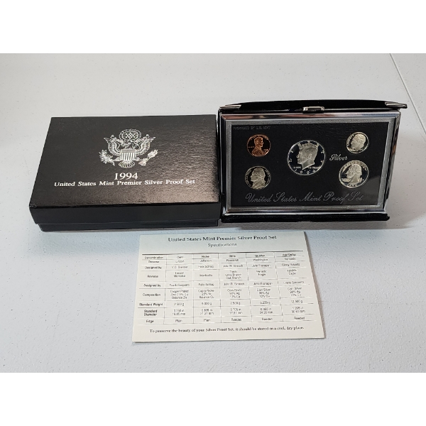 1994 United States Mint Premier Silver Proof Set with Display, Box, & CoA