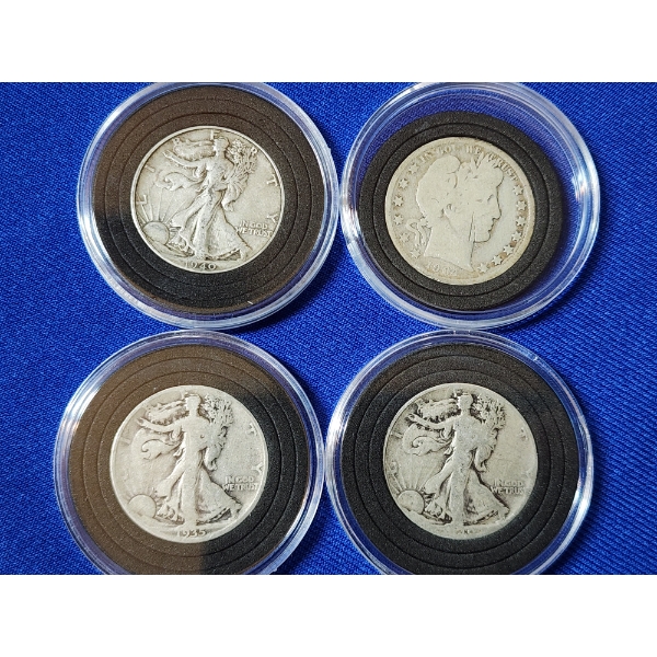 x4 90% Silver Half Dollars: Assorted Walking Liberty and 1904 Barber In Capsules FV: $2.00