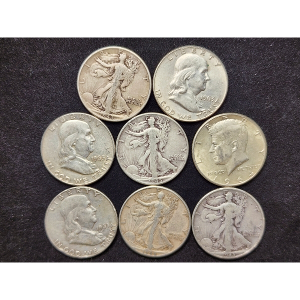 $4 Face Value in Assorted 90% Silver Half Dollars Ft. Walking Liberties, Franklins & A Kennedy!