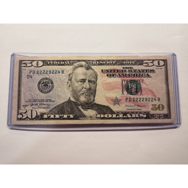 Rare United States Grant $50.00 Bill - 6 OF A KIND SERIAL NUMBER - Mint Condition In Holder