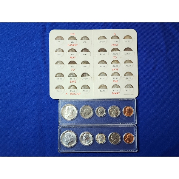 Vintage Daily Dime Saver Book - Including Silver & x2 1964 U.S. Mint Uncirculated Coin Sets