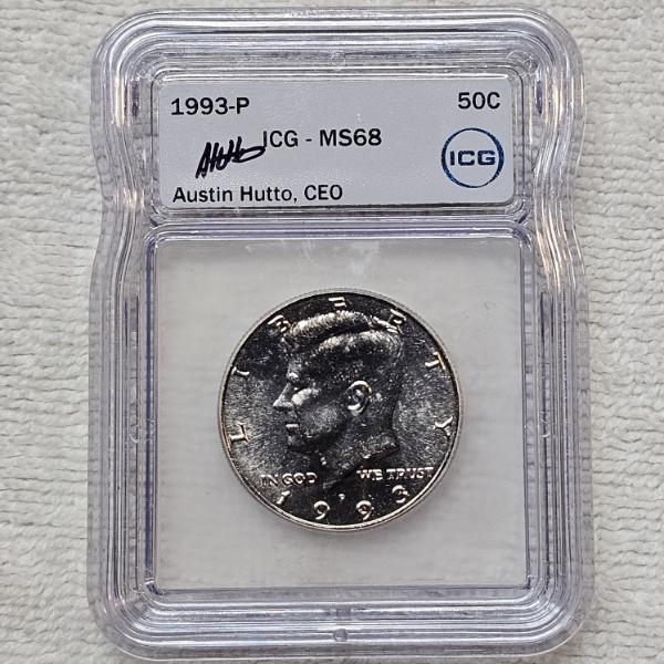Austin Hutto Signed 1993-P Kennedy Half Dollar Graded MS68 by ICG