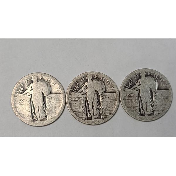 (3) Unknown Years 90% Silver Standing Liberty Quarters - Face Value: $0.75