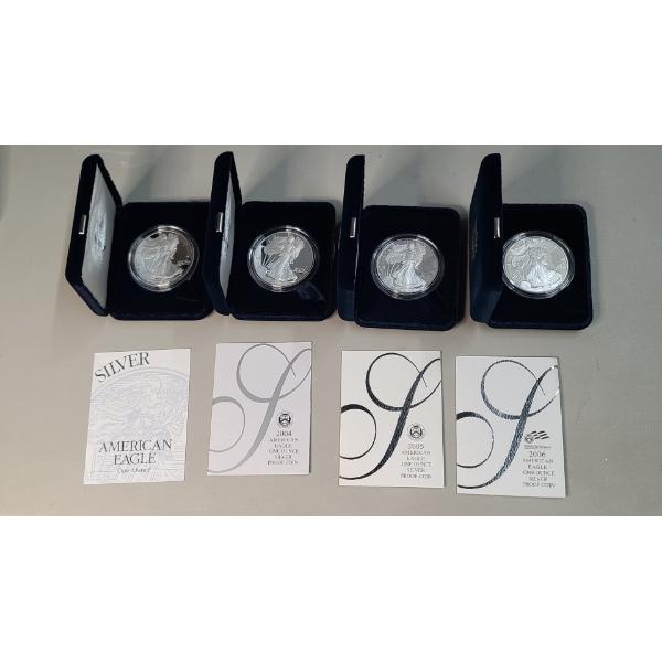 (4) 1 Oz 99.9 Silver American Eagle Proof Coins Years: 2003-2006 