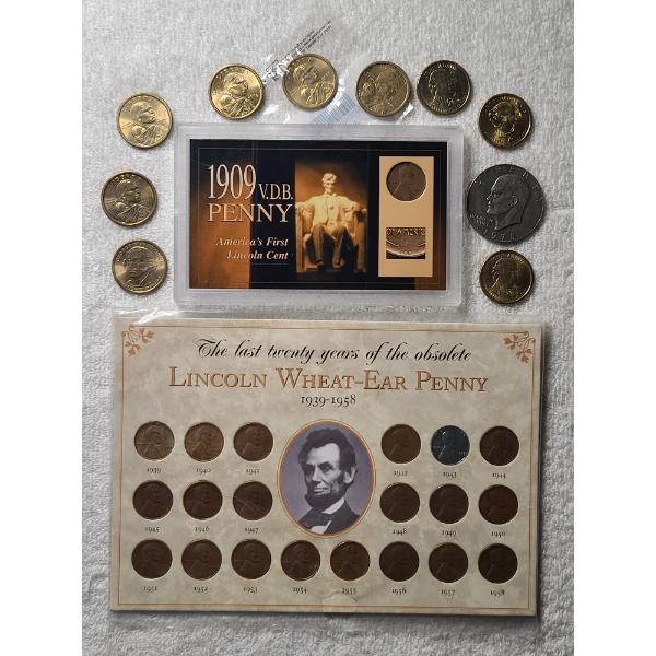 Two Collectible Penny Displays With $10 in Asstd. $1 Coins- 1909 VDB Penny & Last 20 Years of Wheats