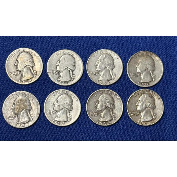 x8 Assorted Years 90% Silver Washington Quarters FV: $2.00