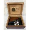 Image 1 : Thompson & Co. Model Cigar Humidor with a rich cherry wood finish and an internal hygrometer 