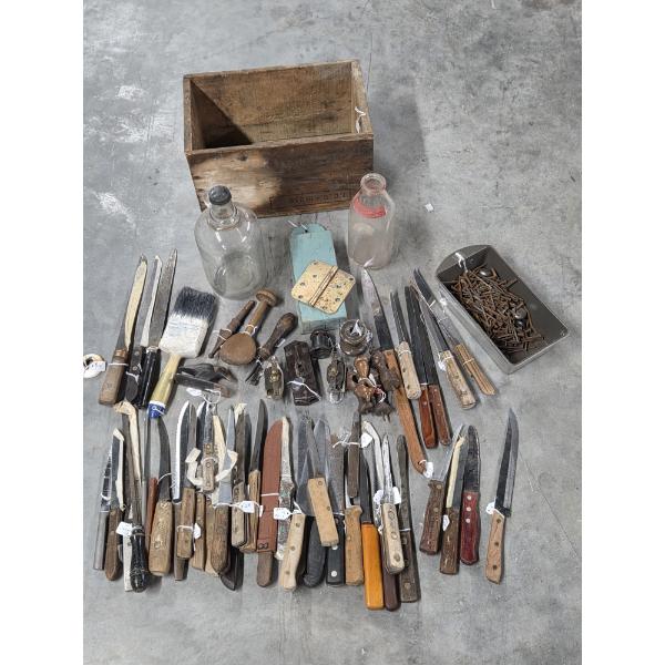 Huge Vintage Knife Collection, Wood Crate, Switches, Old Nails & More 