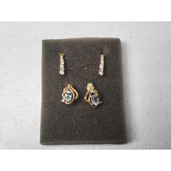 2 Pairs of 14K Gold Earrings: Drop-Style Diamond Earrings & Oval-Cut Blue Stones Earrings TW: 5.1g
