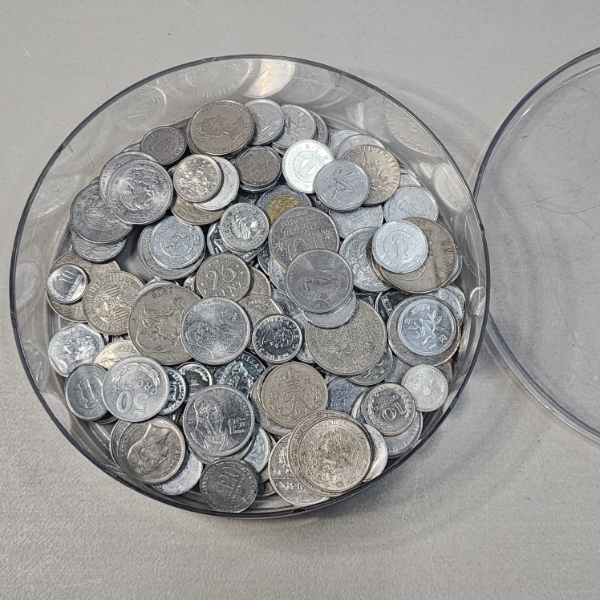 Nice Assortment of World Coins in Clear Container - See Photos for Details!!