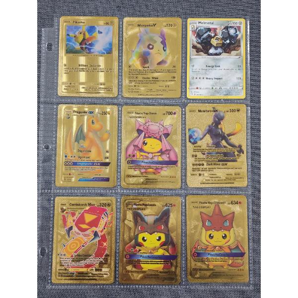 Binder Page Full of Assorted Gold Foil Pokemon Trading Cards Including Charizard!