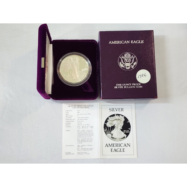 1986-S American Silver Eagle Proof $1 Coin 1 oz .999 Fine Silver w/ OGP Box & COA