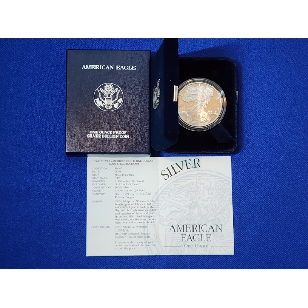 2003-W Silver American Eagle Proof $1 - 1 Troy oz .999 Fine Silver w/ Box & CoA