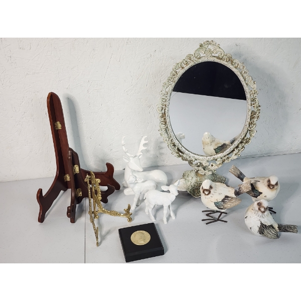Lot of Decor: Vintage Mirror Stand, Easels, Deer & Bird Figurines, Mozart Coin Decor