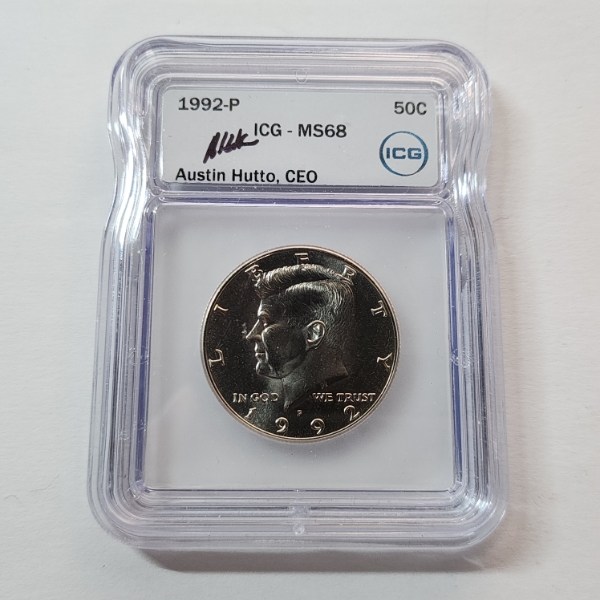 ICG MS68 United States 1992-P Kennedy Half Dollar Signed by Austin Hutto