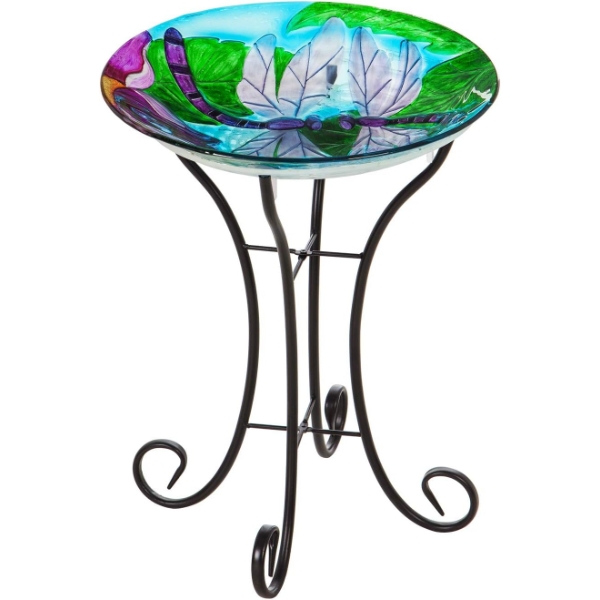 NEW IN BOX Evergreen Garden Dragonfly Duo Solar Glass Bird Bath on Metal Stand ~ LIGHTS UP!