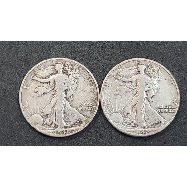 United States 1940 & 1942 Walking Liberty 90% Silver Half Dollars - Face Value: $1.00