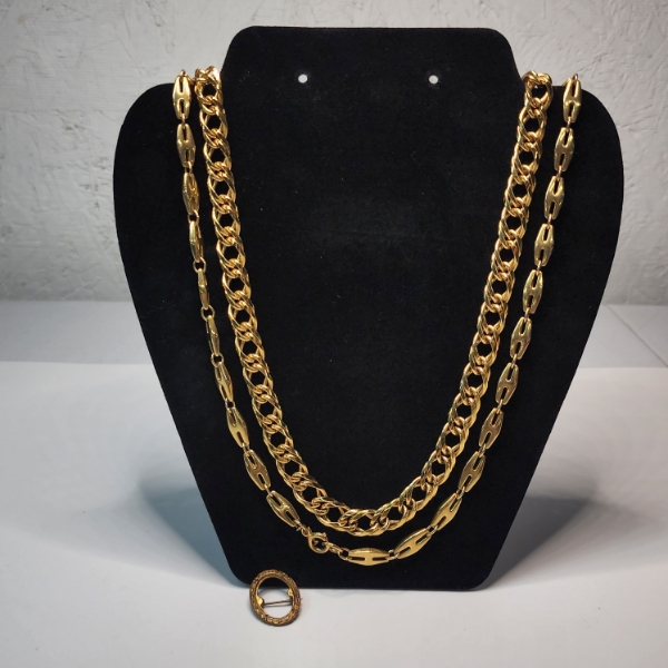 Two Large 24" Gold-Tone Statement Chains & Pin 